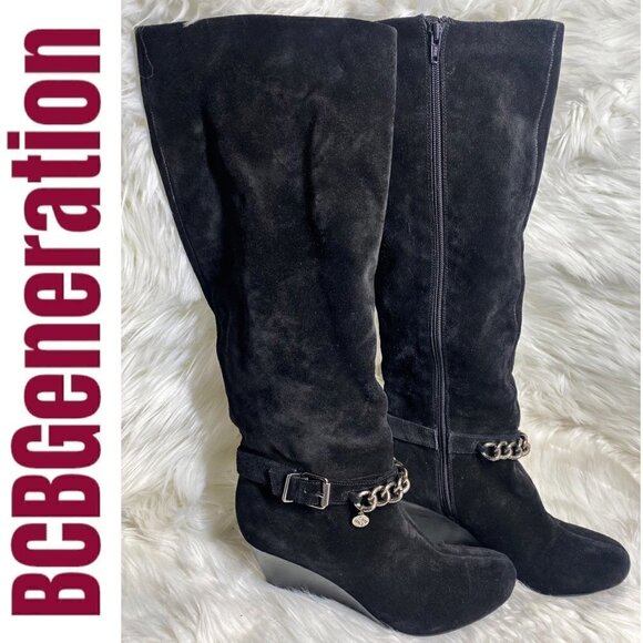 BCBGeneration Merryl Black Genuine Suede Tall Wedge Chain Link Boots, Size 9 - Picture 11 of 12